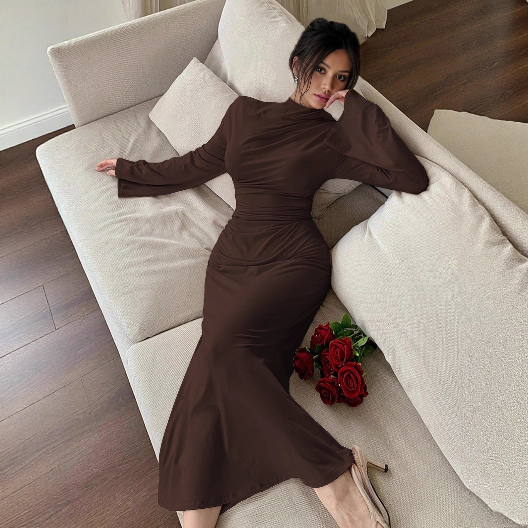 Sexy Minimalist Dress Slim Fit Wild Bell Sleeve Half Turtleneck Sheath Dress by Ragazza