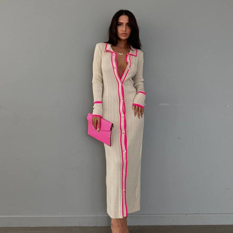 Slim Collared Patchwork Women Long Sleeved Cardigan Dress by Ragazza