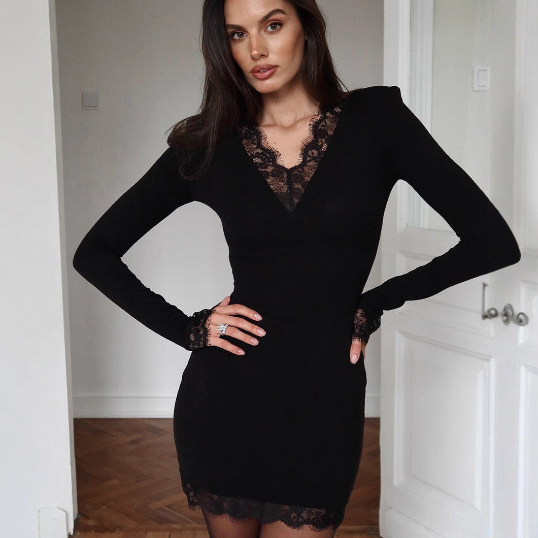 Adult Lady like Woman Autumn Winter V neck Lace Stitching Black Sexy Tight Milk Silk Hip Elegant Dress by Ragazza