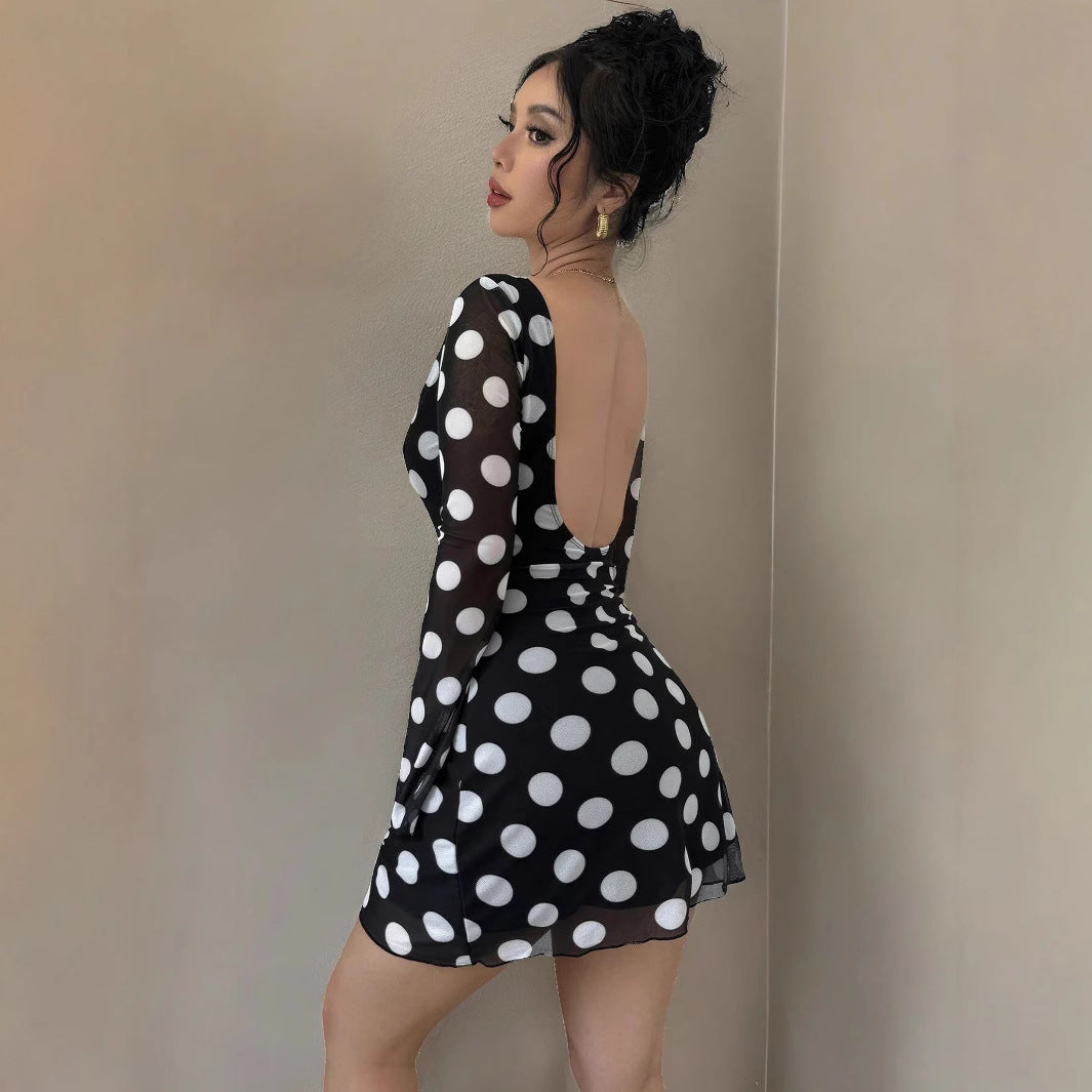 Spring Summer Lady Sexy Polka Dot Backless Mesh Flare Sleeve Mini Dress by Ragazza