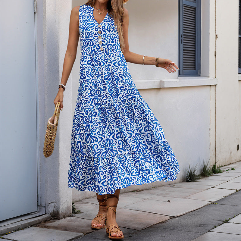 Summer Mid Length Sleeveless V neck Abstract Pattern Printing Dress by Ragazza
