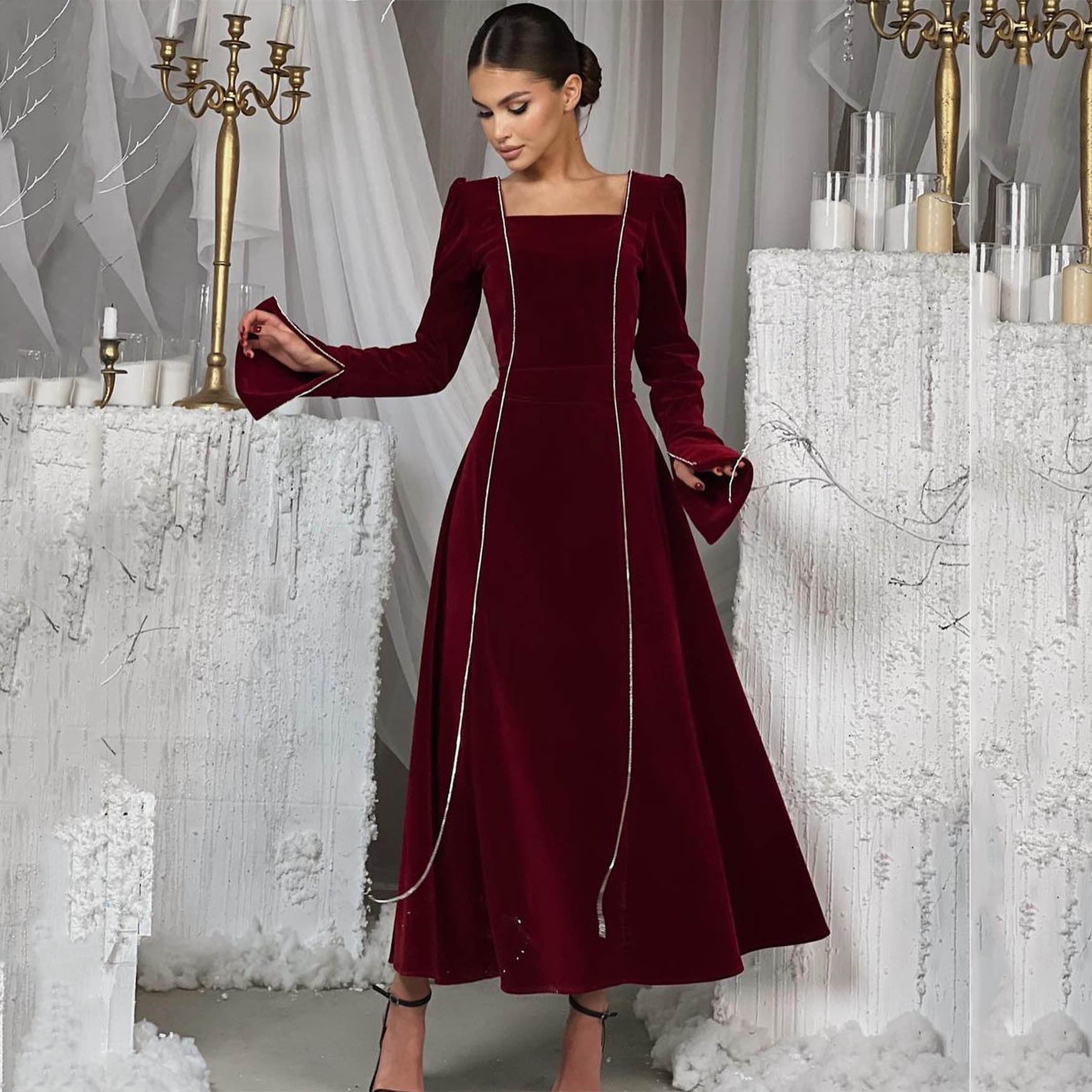 Autumn Winter Party Dress French Ladies Dress Korean Velvet Bell Sleeve Square Collar A line Dress Women by Ragazza