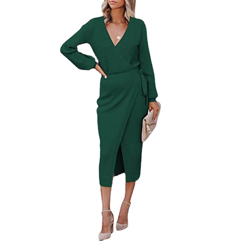 Autumn Winter Women Clothing Maxi Dress Elegant Graceful V-neck Knitted Dress DestGlow