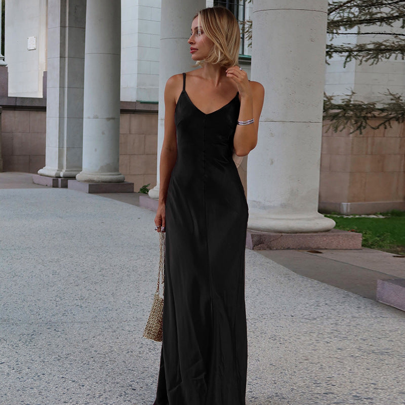 Fall Maxi Dress Socialite Sexy V neck Backless Satin Strap Dress DestGlow