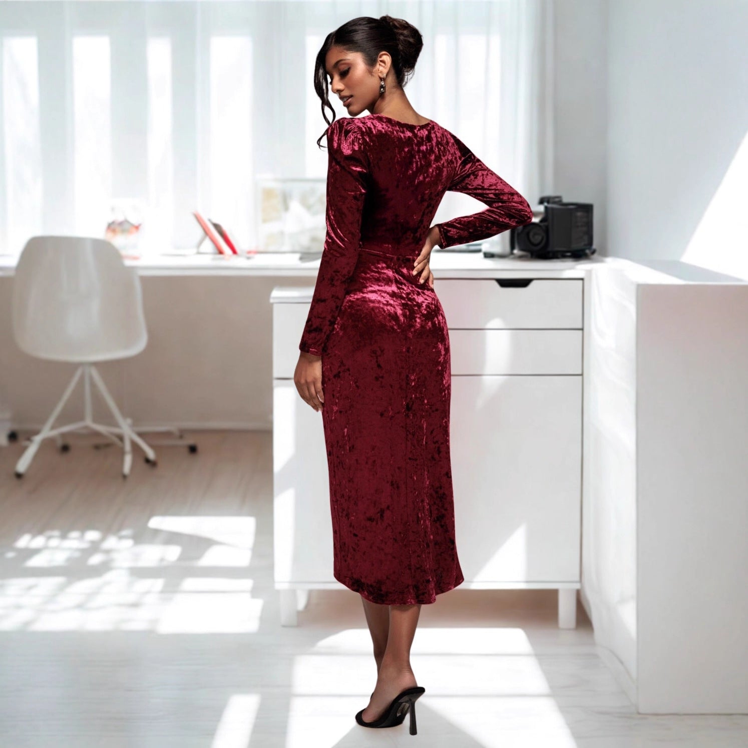 Women Clothing Diamondmax Velvet Party Dress Slim Fit Sheath Long Sleeve Dress by Ragazza