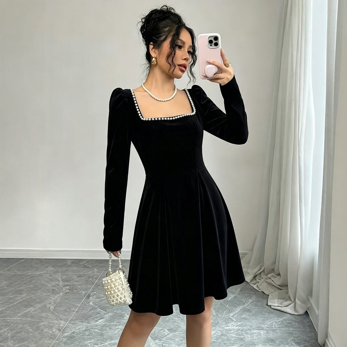 Women Clothing French Vintage Velvet Square Collar Dress Women Pearl Trim Waist Slimming A line Dress DestGlow