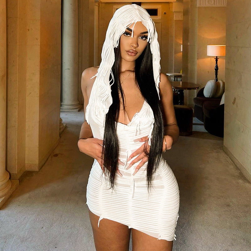 Women Summer Solid Color Casual Sleeveless Hooded Tassel Slim Short Dress by Ragazza