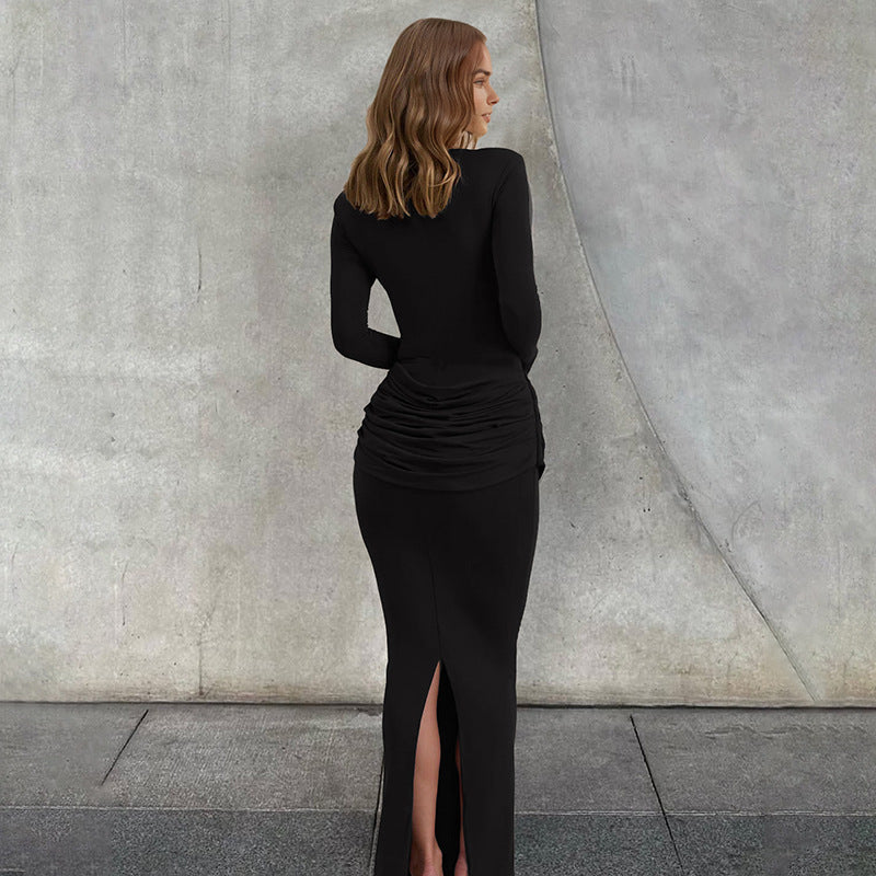 Women Clothing Autumn Winter Slim round Neck Solid Color Fold Split Long Sleeve Elegant Dress for Women by Ragazza