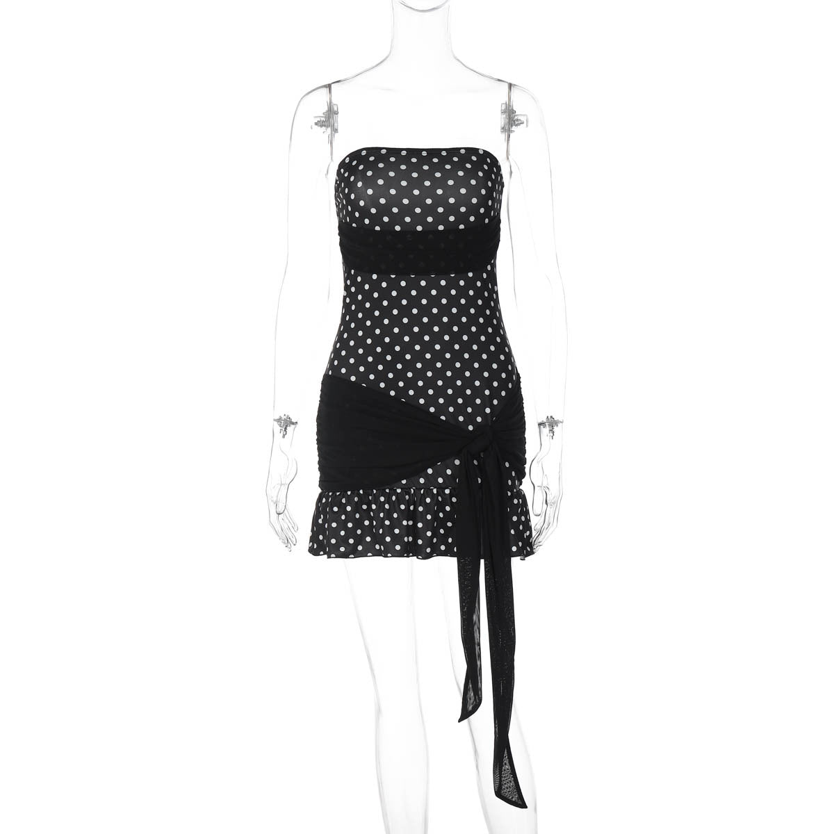 Sweet Short Dress Polka Dot Printed Waist Controlled Tube Top Stitching Contrast Color Patch Tied Dress by Ragazza
