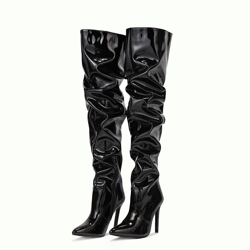 Spring Summer Catwalk Show Patent Leather Slimming Pointed Stiletto Heel Women High Heel Boots DestGlow