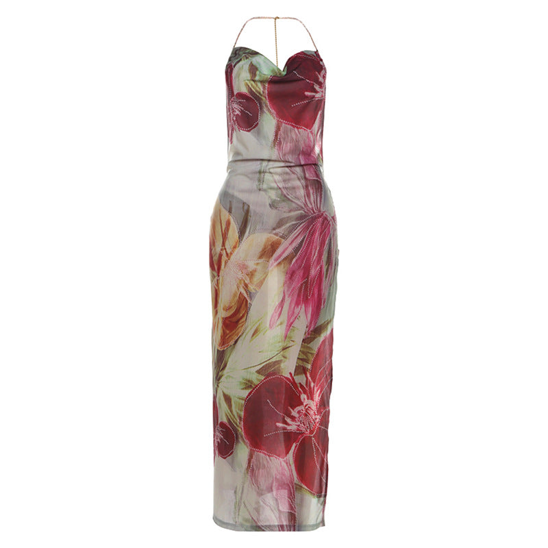 Winter Sexy Waist Trimming Backless Self Tie Dress Halter Split Dress DestGlow