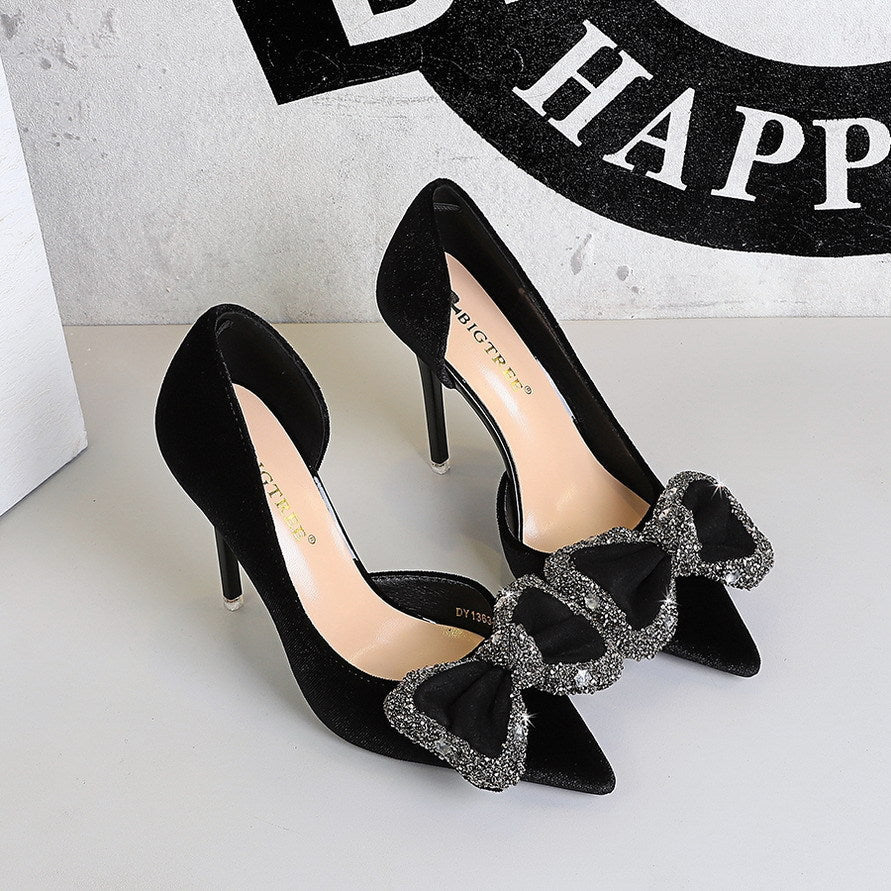 Wind Black Dignified Rhinestone Decorative Bowknot Pointed Shallow Mouth Side Hollow Out Cutout Sexy Pumps DestGlow