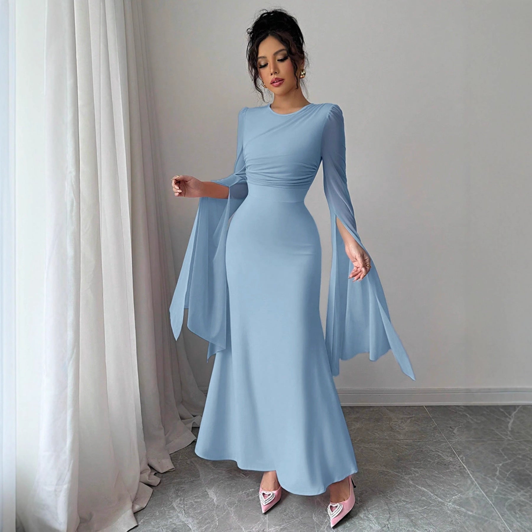 Spring Stitching Mesh Large Swing Sleeves Sexy Slim Fit Fishtail Dress by Ragazza
