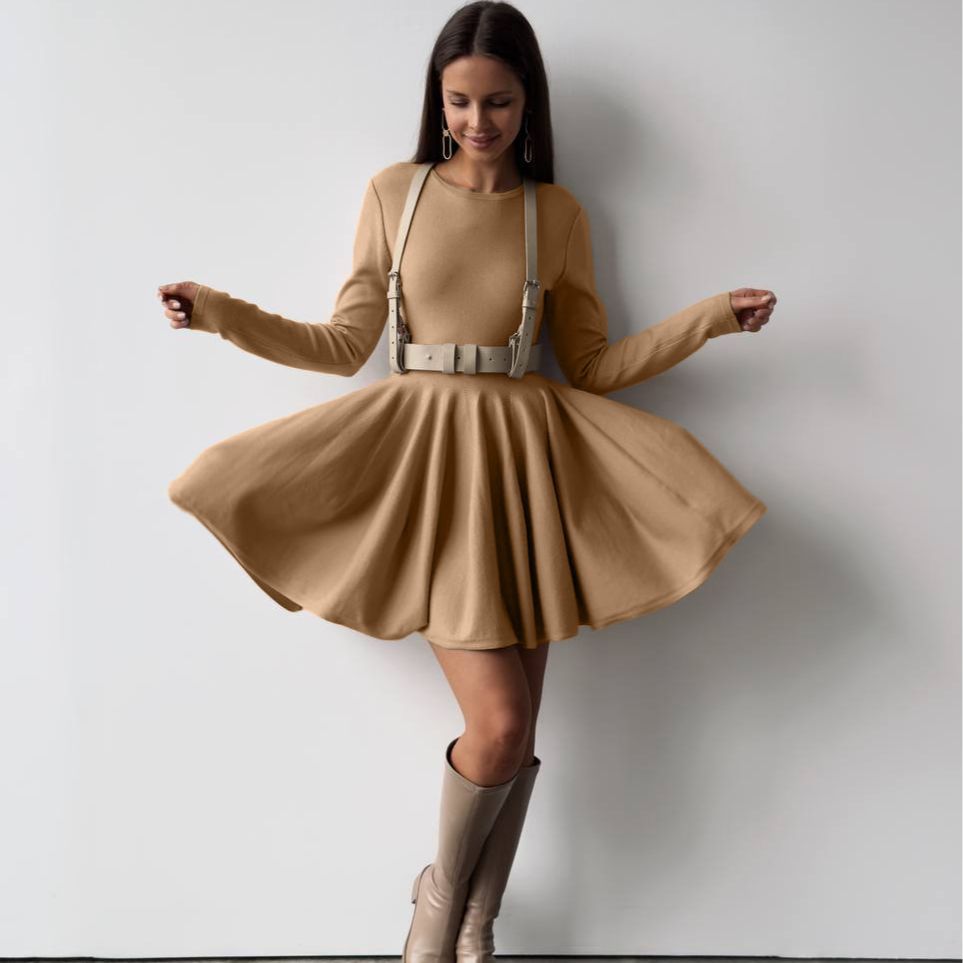 Round Neck Waist Trimming Knitted Dress Women All Match Advanced Pleated Woolen by Ragazza