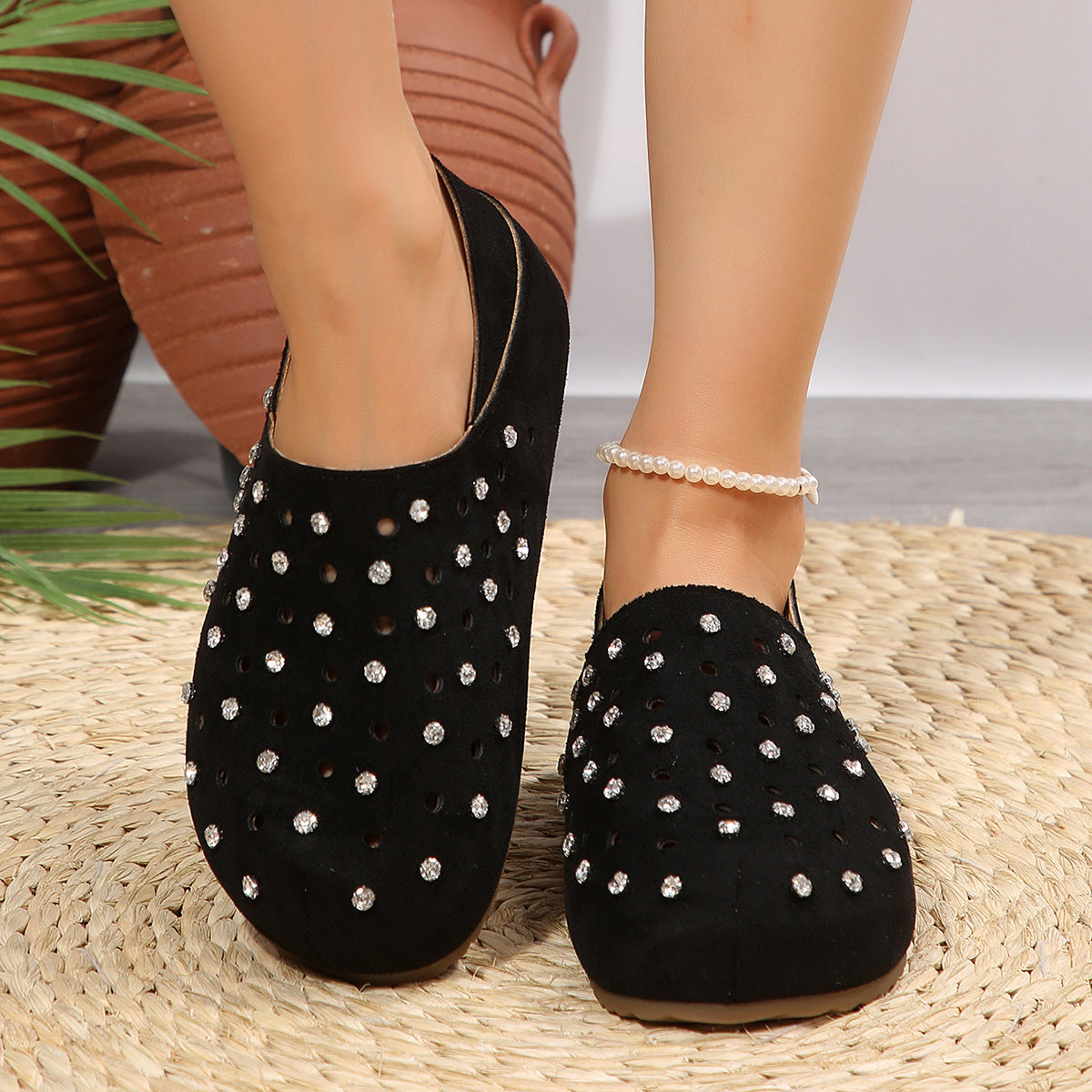 Rhinestone Hollow Out Cutout Boken Toe Cap Low Top Shoes Women Summer Casual Thick Bottom Lazy Semi Slippers DestGlow