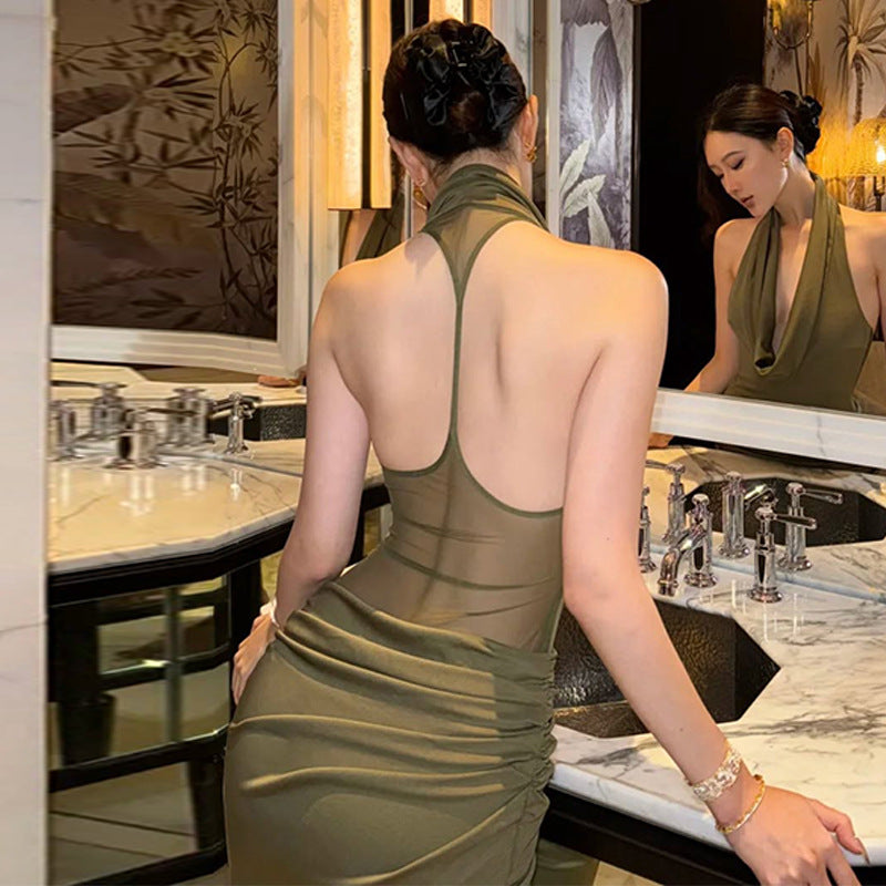 Women Clothing Winter Sexy Backless Pleated Slim Elegant Halter Maxi Dress by Ragazza
