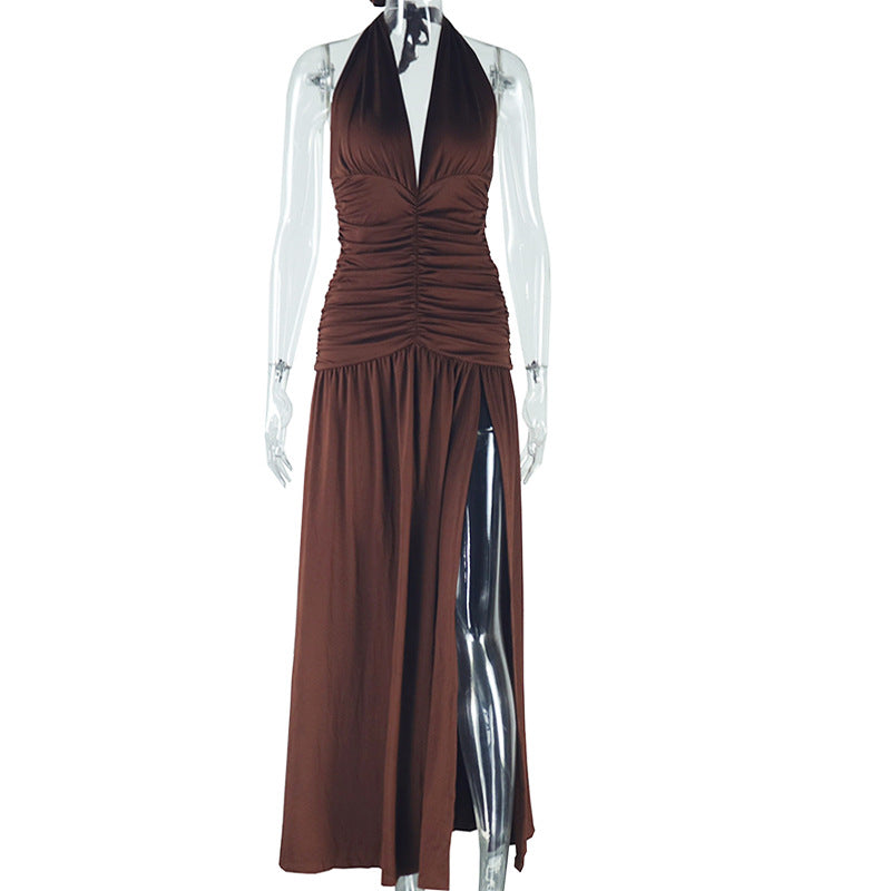 Women Clothing Solid Color Dress Sexy Sleeveless Deep V Plunge Neck Split Casual Waist Controlled Dress by Ragazza