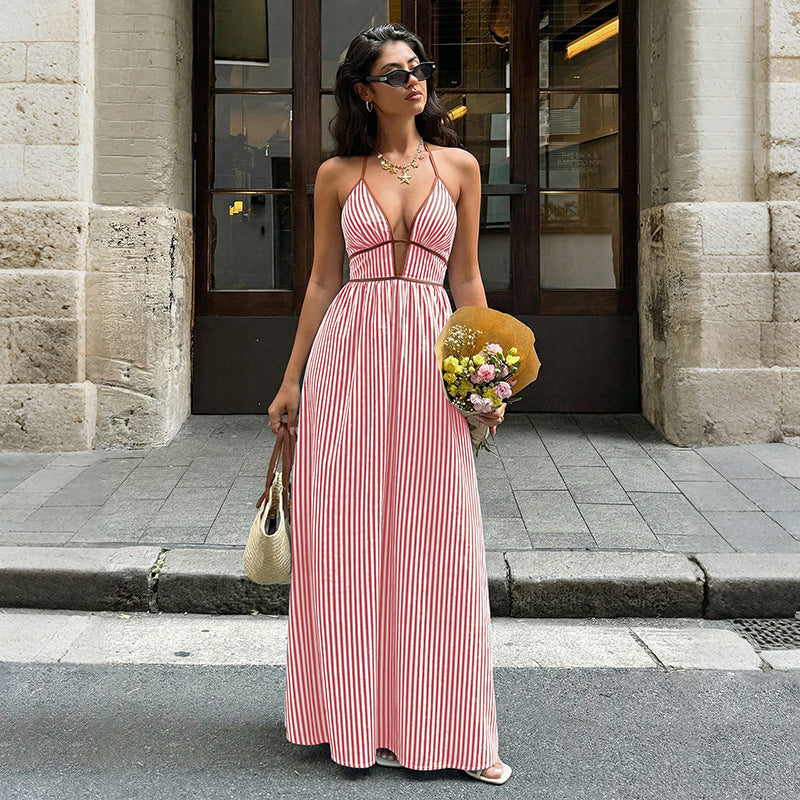 Summer V neck Striped Holiday Dress Elegant Backless Sleeveless Halter Maxi Dress Women DestGlow