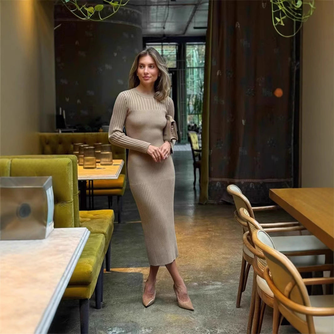 Long Sleeve Fall Winter Sweater Dress Women Knitted round Neck Sunken Stripe Solid Color Tight Dress Women by Ragazza