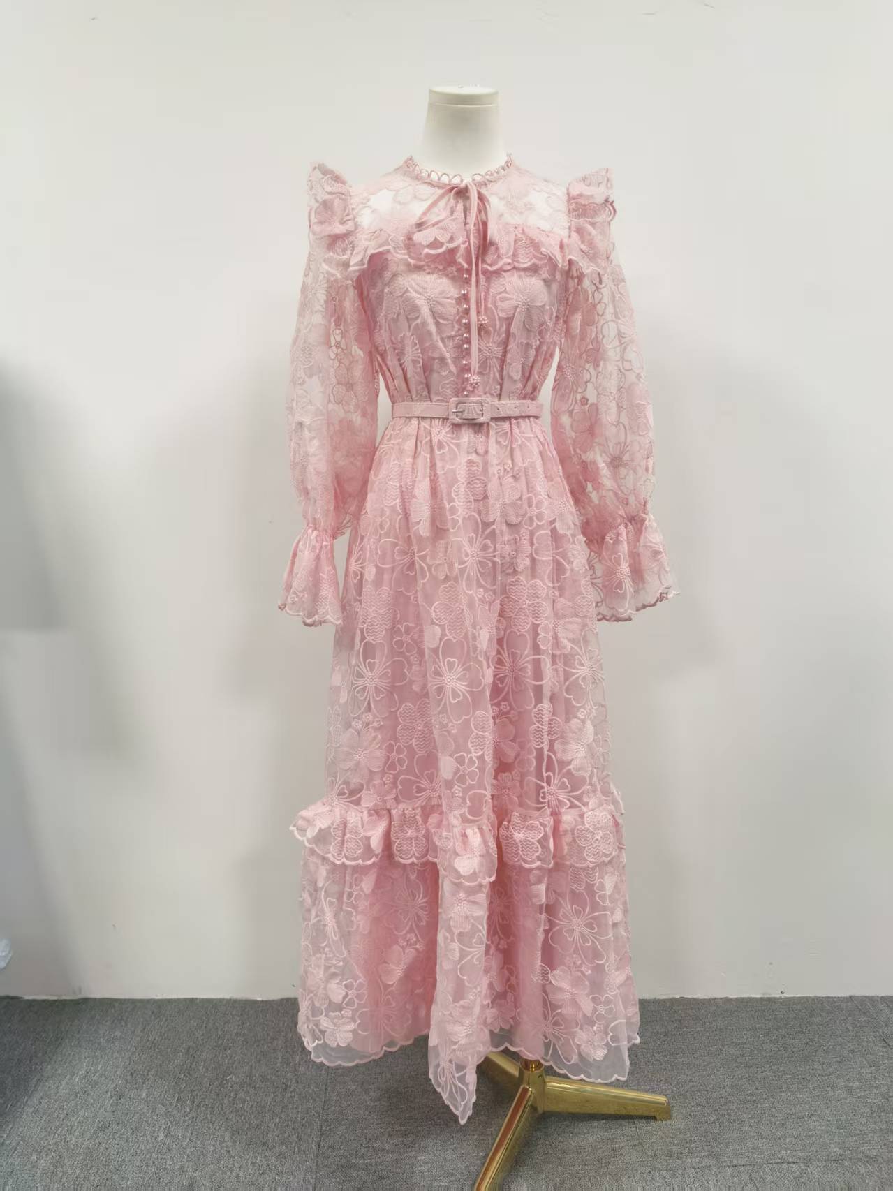Summer Elegant Retro Lace Belt Lantern Sleeve Slim Slimming High Waist Dress Women by Ragazza