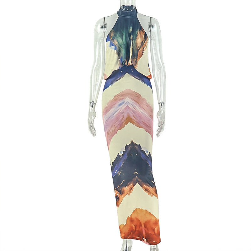 Colorblock Women High Grade French Hip Dress High Collar Halter Long Summer Dress DestGlow