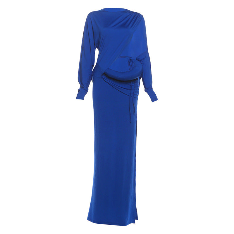 Autumn Winter Women Clothing Solid Color Sexy Cutout round Neck Tied Long Sleeve Dress by Ragazza