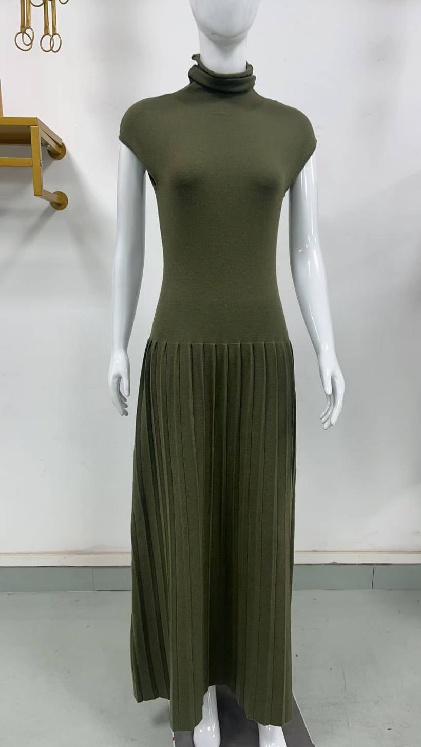 Knitted Dress Casual Waist Tight High Neck Ribbing Pleated Slim Knitted Dress Women by Ragazza