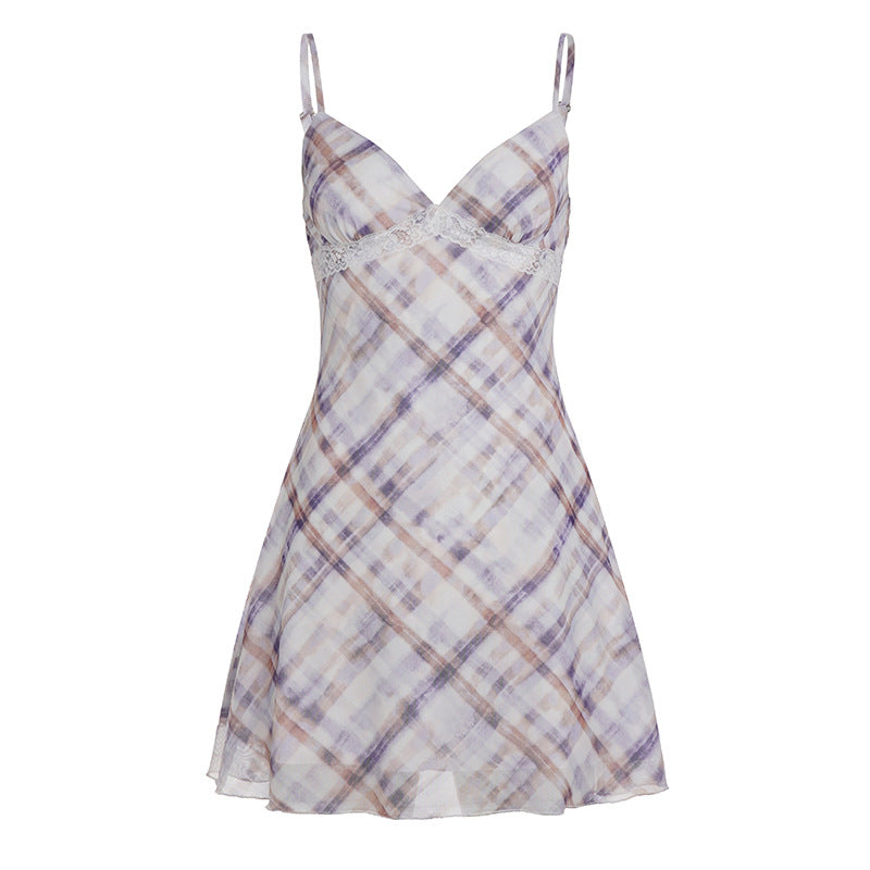 Plaid Lace Bow V neck Adjustable Strap Dress High Waist A line Summer by Ragazza