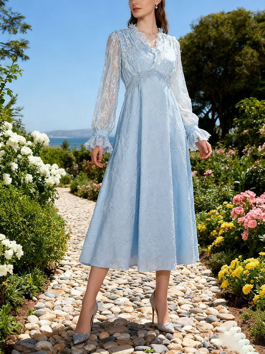 Lace Long Sleeve Elegant Dress Autumn High Sense V neck Waist Controlled Slimming Dress Women by Ragazza