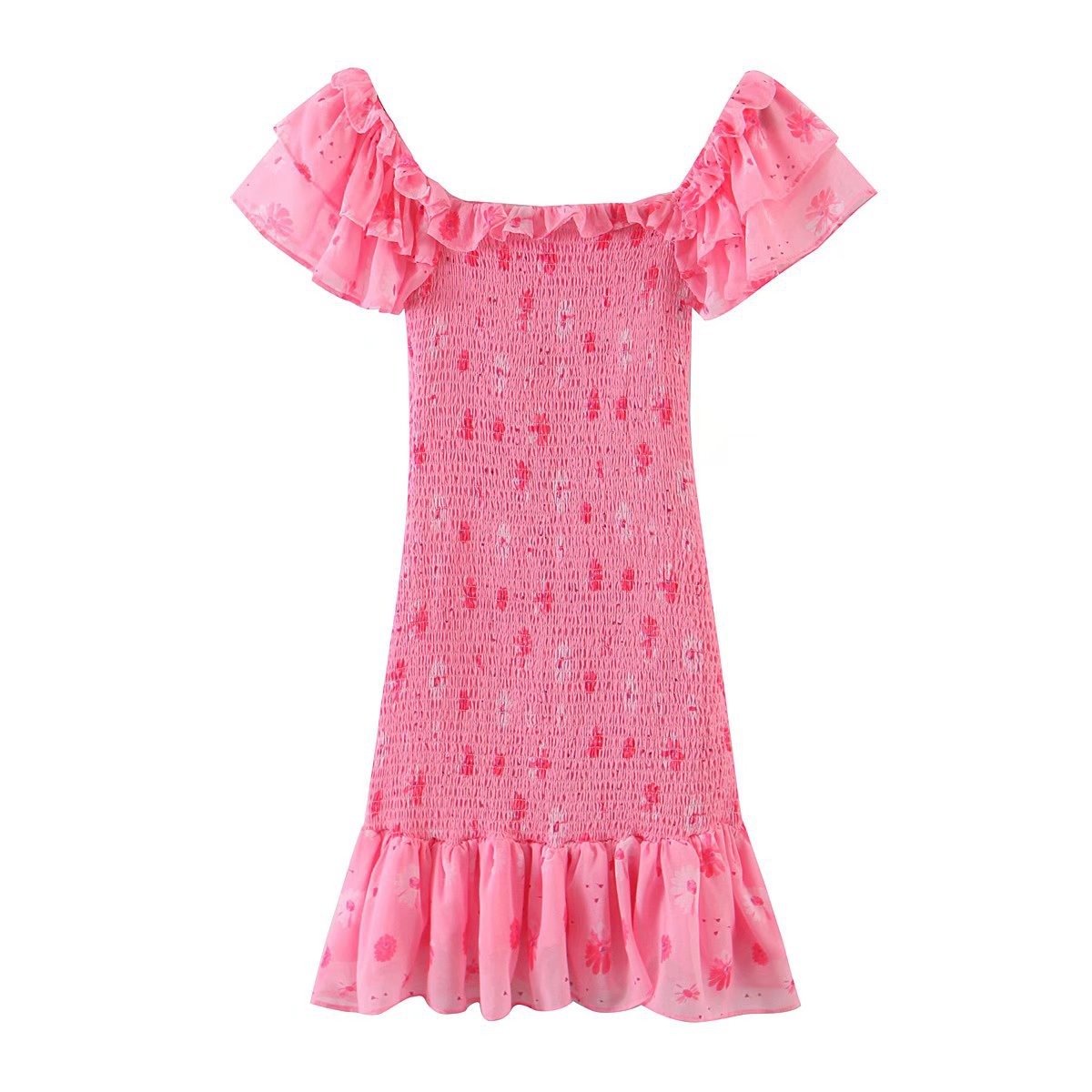 French Elastic Wrapped Chest Flying Sleeves Printed Dress Women Elastic Slimming Square-Cut Collar Hip by Ragazza