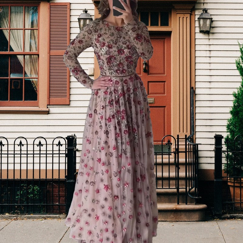 Summer Sexy Slim Fit Slimming Mid Length Long Sleeve Waist Tight Three Dimensional Floral Large Swing Dress DestGlow