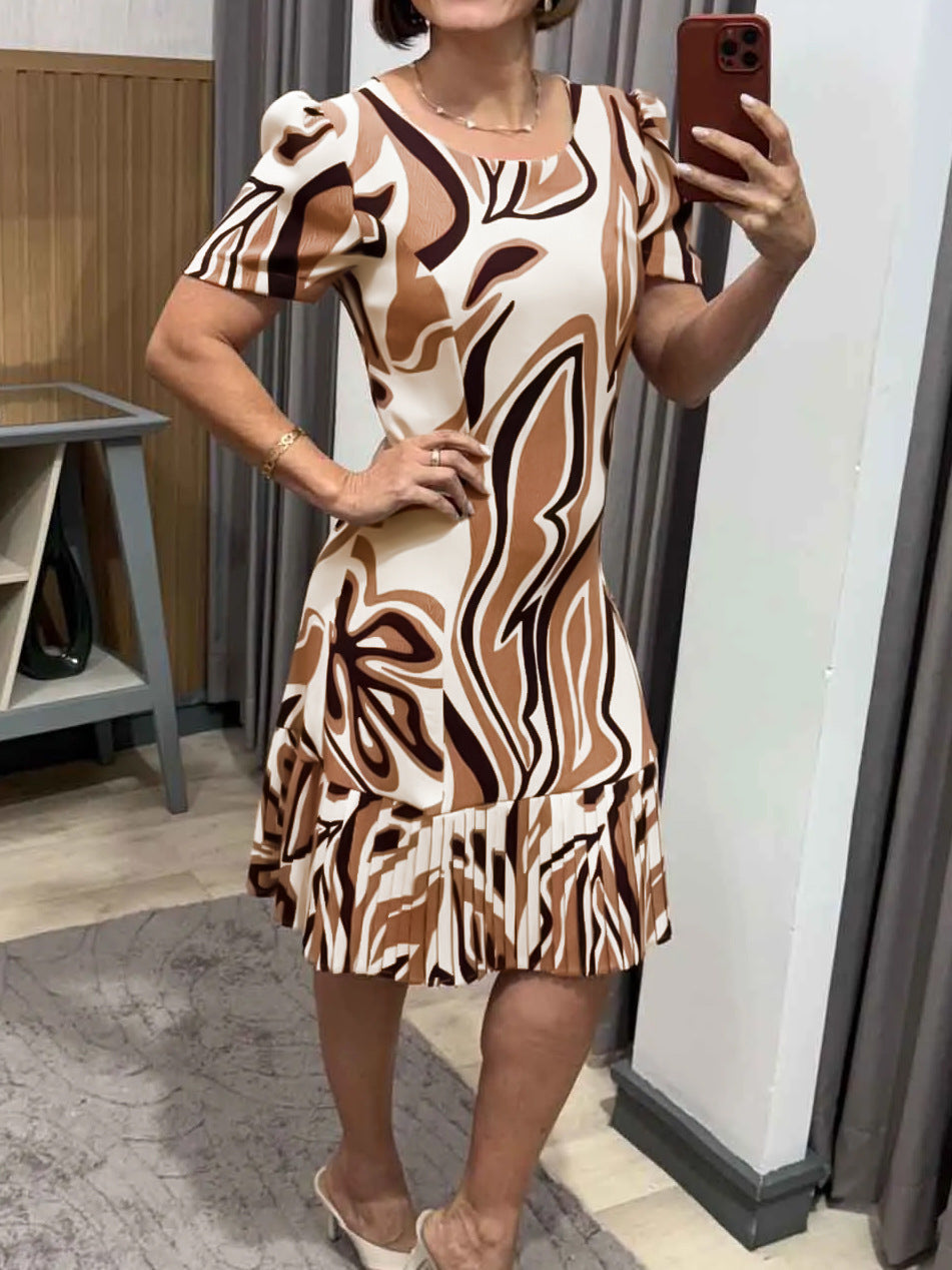 Women Casual Elegant round Neck Short Sleeve A line Pleated Dress by Ragazza