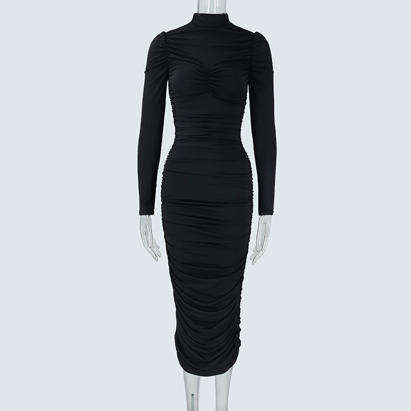 Autumn Elegant Socialite Private Clothing Stand Collar Long Sleeve Waisted Slim Fit Package Hip Pleated Niche Dress by Ragazza