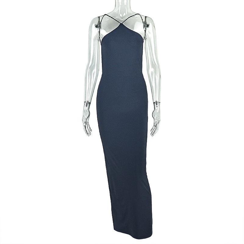 Solid Color Elegant Women Dress Elegant One Step Low Waist Hip Dress Halter Sleeveless Backless Maxi Dress by Ragazza