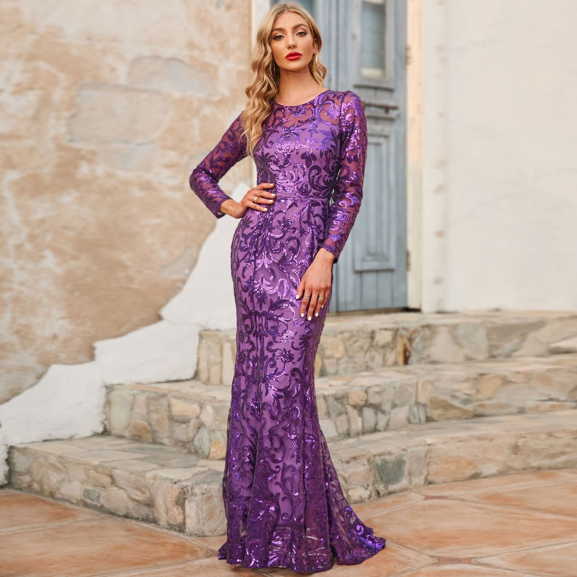 Spring Autumn Sequined Dress Purple Crew-Neck Long Evening Dress Long Sleeve Dress by Ragazza