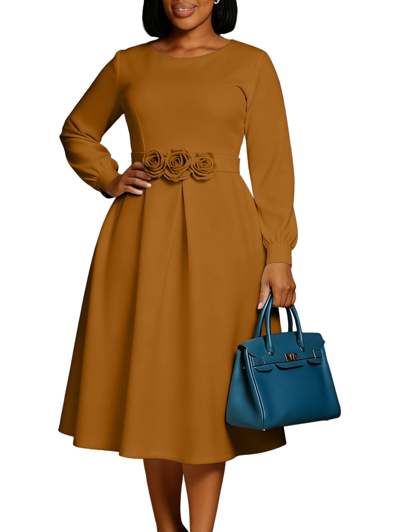Women Clothing Autumn Winter Dress Solid Color round Neck Floral Swing Dress by Ragazza
