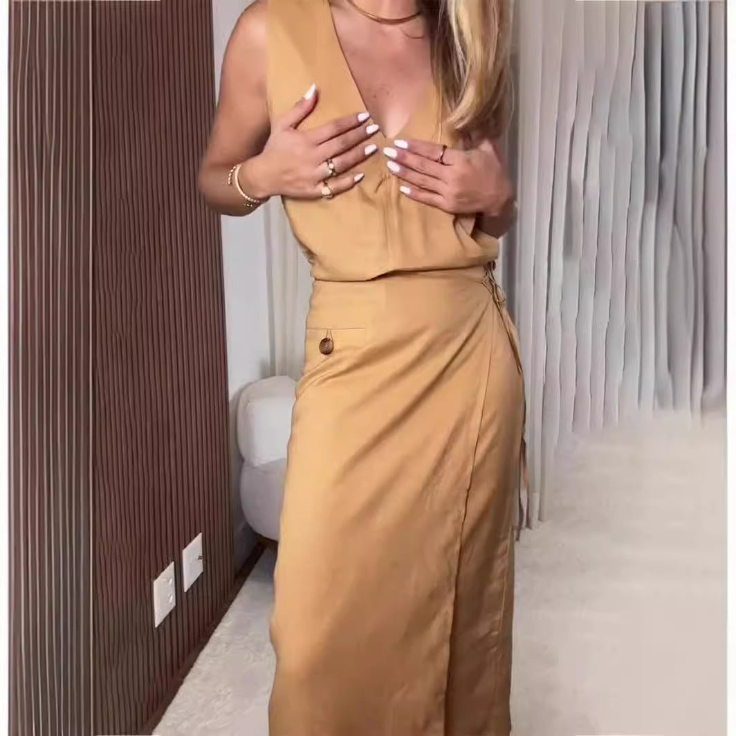 V Neck Sleeveless Irregular Asymmetric Lace Up Slim Dress Faux Two Piece Split Women Clothing by Ragazza