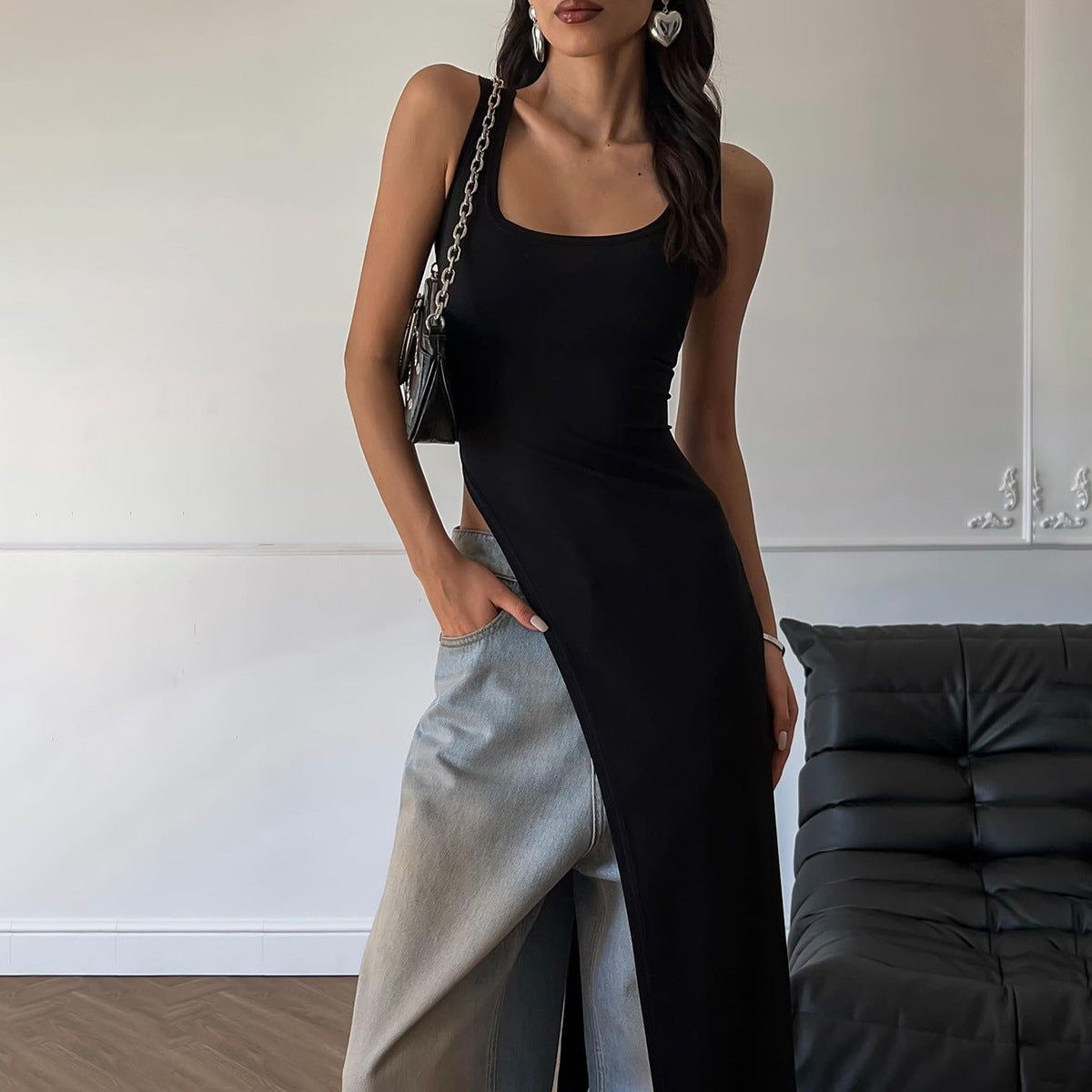 Women Clothing Summer Street Shooting Personality Slim Fit Split Shoulder Strap Dress by Ragazza