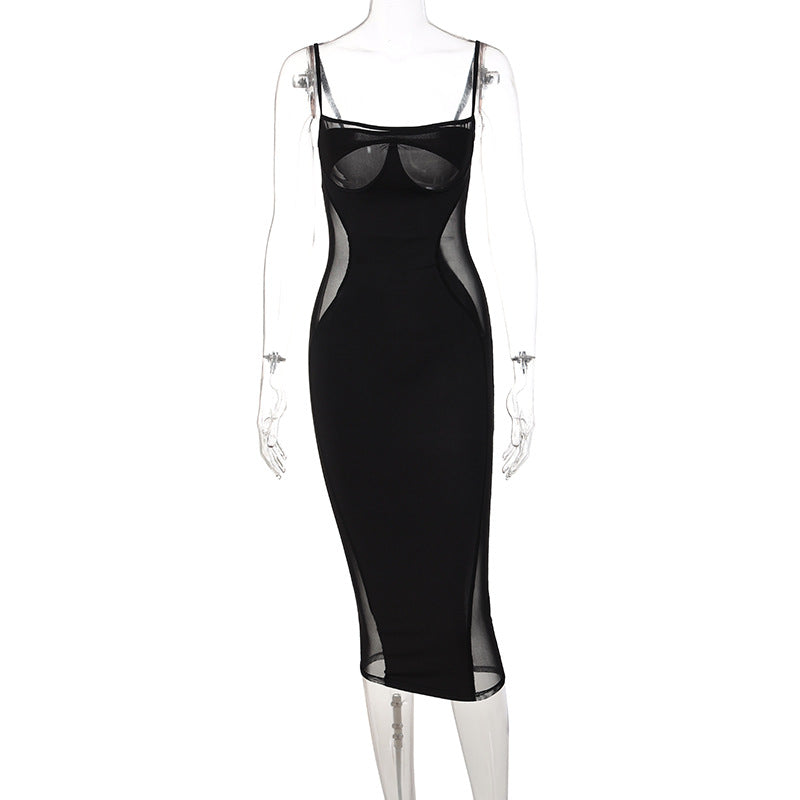 Summer New Mesh Stitching Solid Color Slim Dress Women Clothing by Ragazza