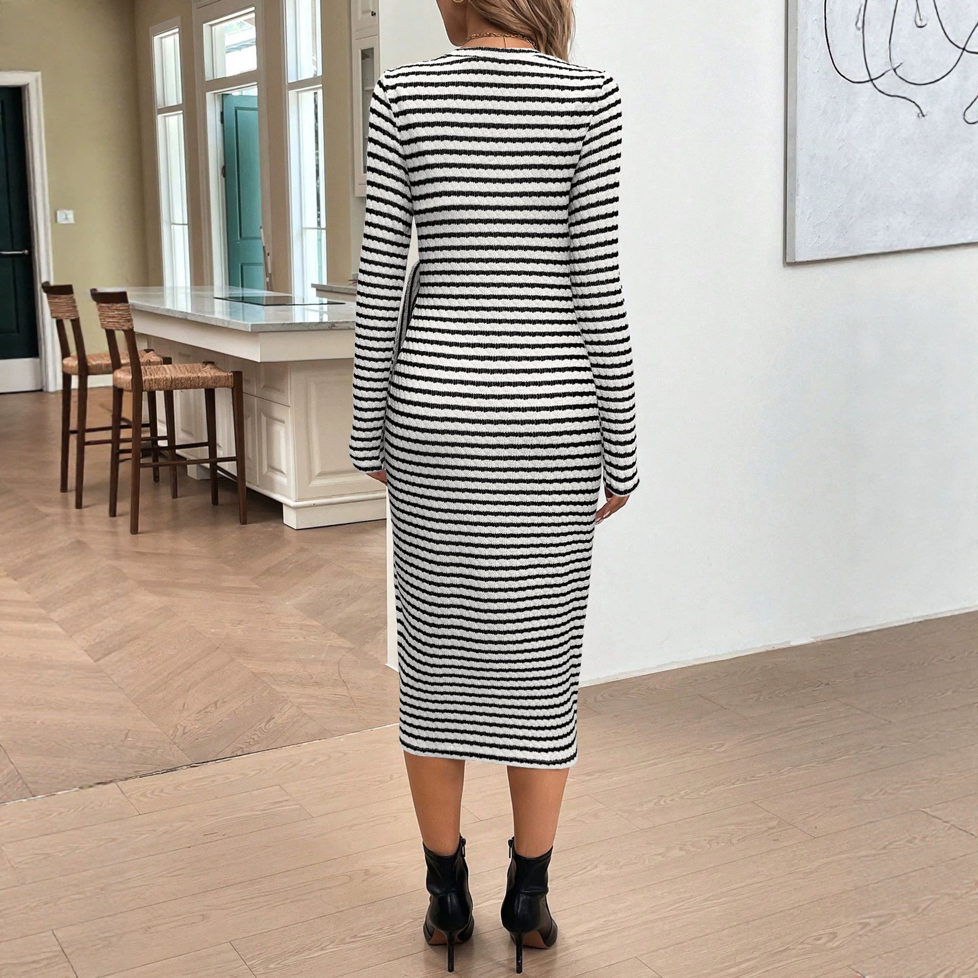 Spring Autumn French Slim Fit Black White Striped Long Sleeve Slim Dress Bow Lace Up Slits Design Date Dress DestGlow