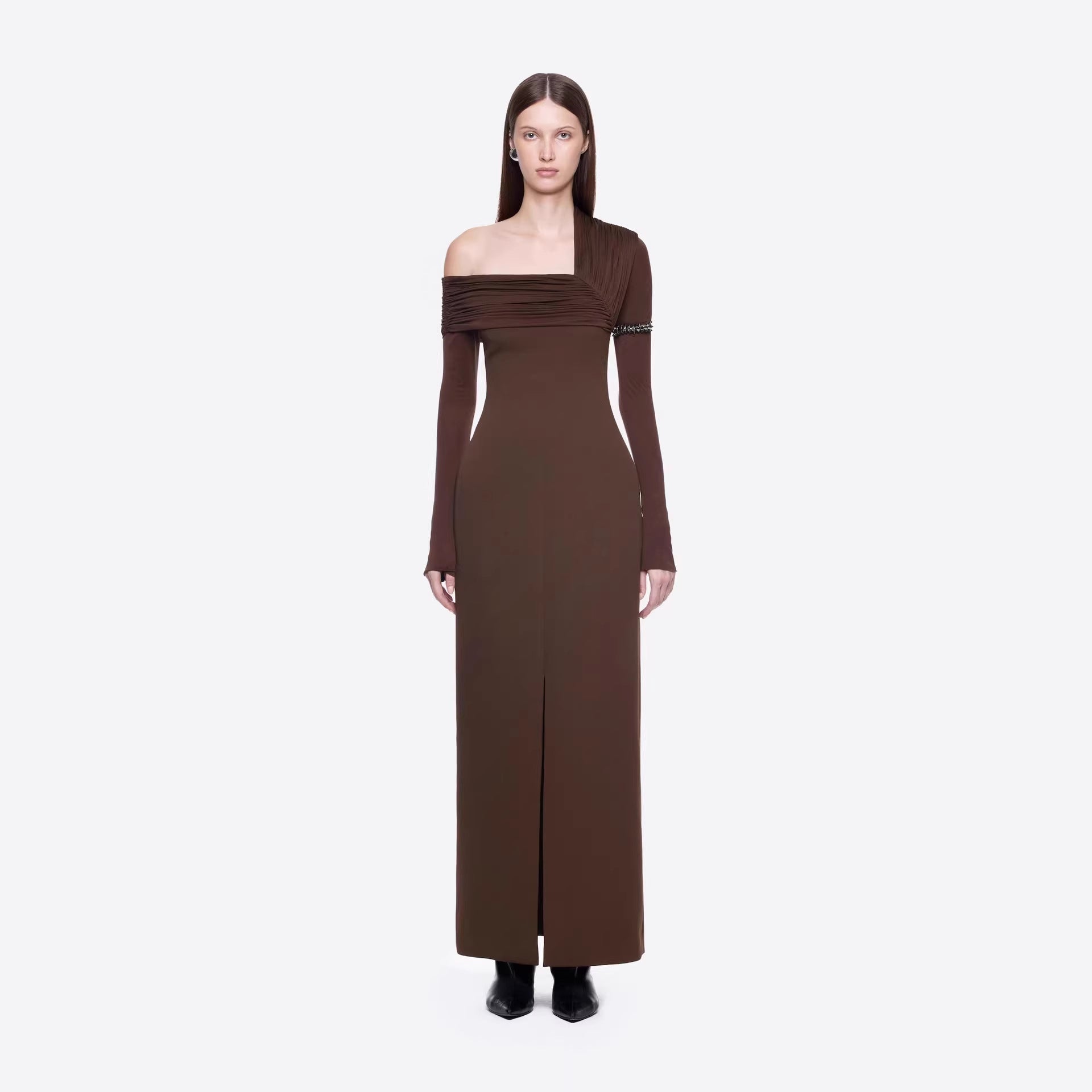 Spring Dark Brown One Shoulder Dress Pleated High Slit Maxi Dress the Dinner Party Host DestGlow