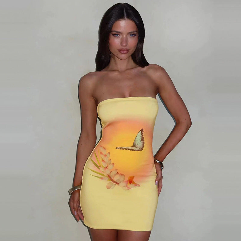 Women Clothing Summer Sleeveless Sexy Strapless Dress Butterfly Floral Print Hip Dress by Ragazza