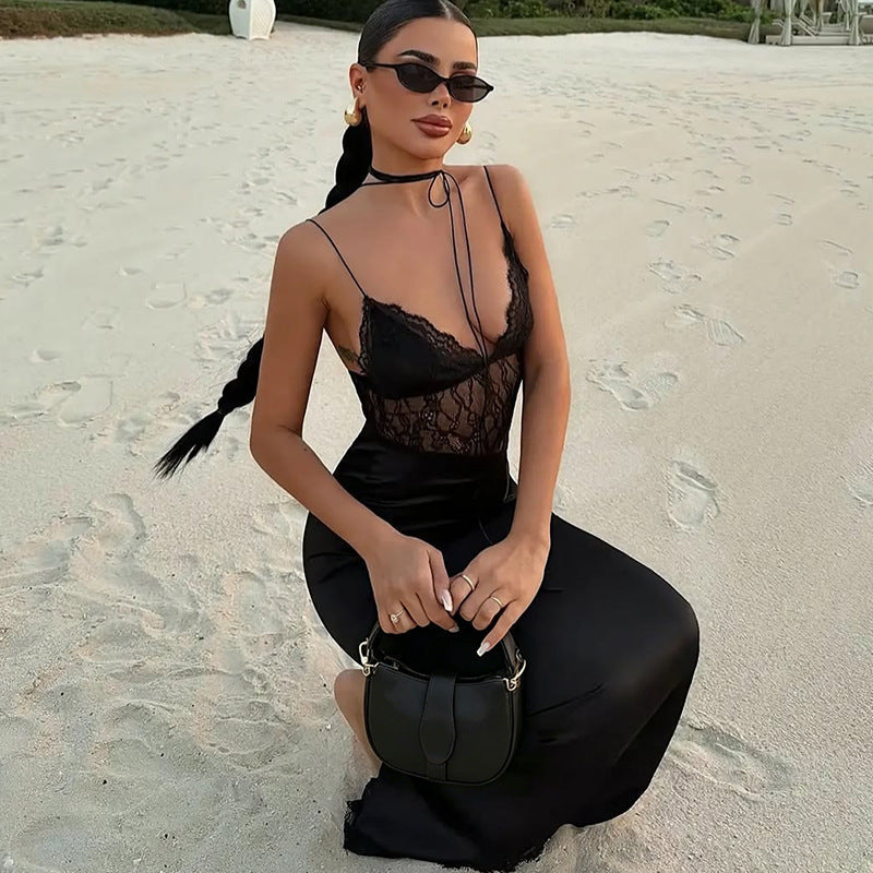 Spring Women Clothing Slim Fit Tied Low Collar Sexy Mesh Stitching Lace Dress Women DestGlow