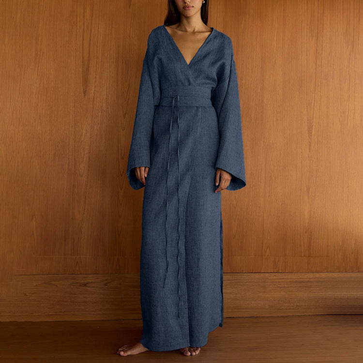 Casual Cross Design Lace up Dress Women V neck Long Sleeve Split High Waist Maxi Dress by Ragazza