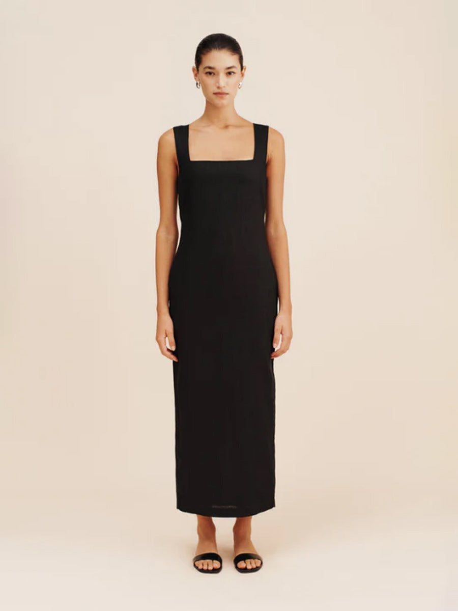 Simple Solid Color Square Collar Sling Dress Summer Slim Cotton Linen Maxi Dress by Ragazza