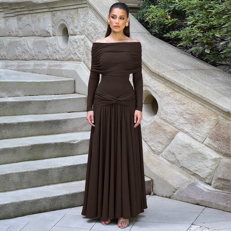 French Women Autumn off Neck Cinched Pleated Long Sleeve Dress by Ragazza