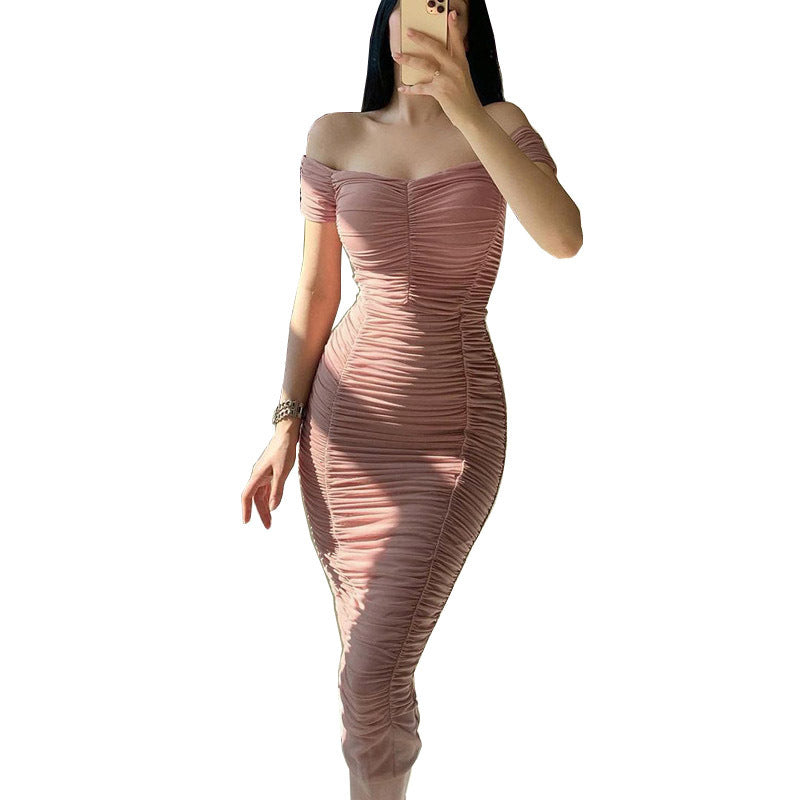 Solid Color Dress Elegant Summer Women Clothing off-Shoulder Pleated Dress by Ragazza