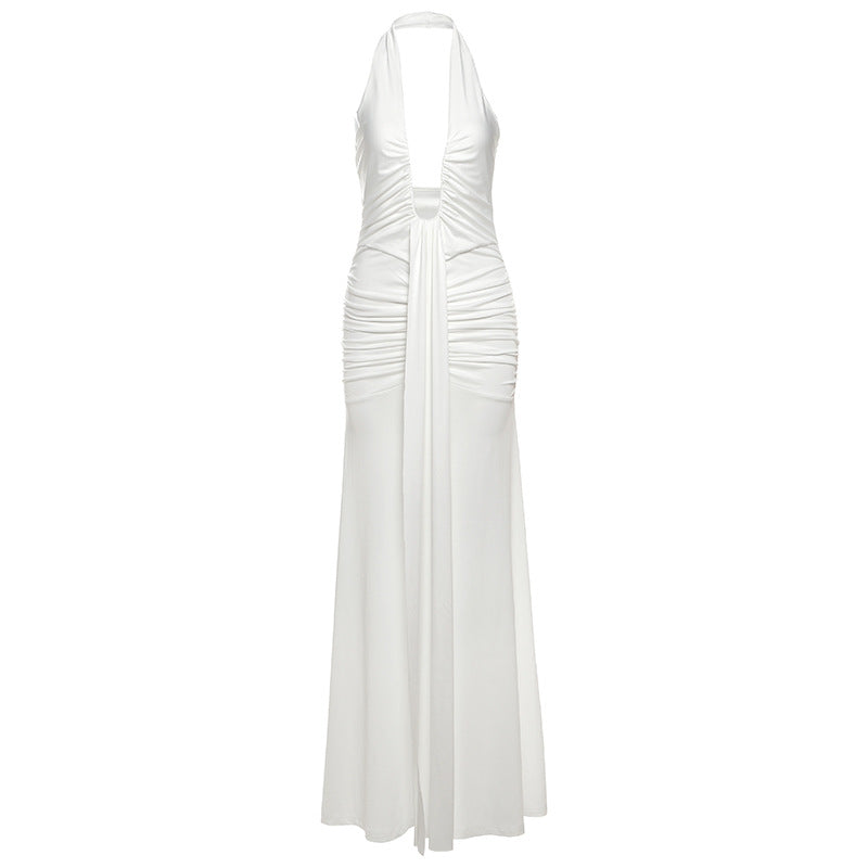 Spring Summer Women Elegant Sexy Deep V Plunge neck Halter Slim Pleated Dress Women by Ragazza