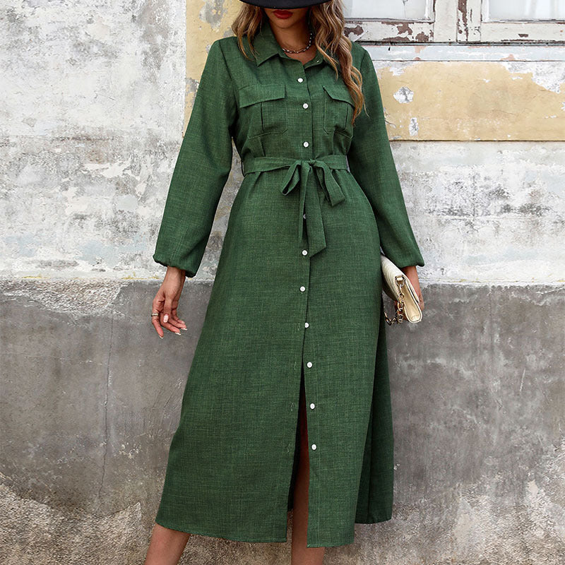 Fall Women Clothing Turn down Collar Green Long Sleeve Solid Color Dress DestGlow