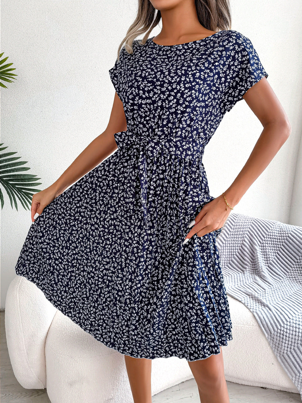 Spring Summer New Casual Short Sleeve Floral Large Hem Pleated Women Clothing by Ragazza